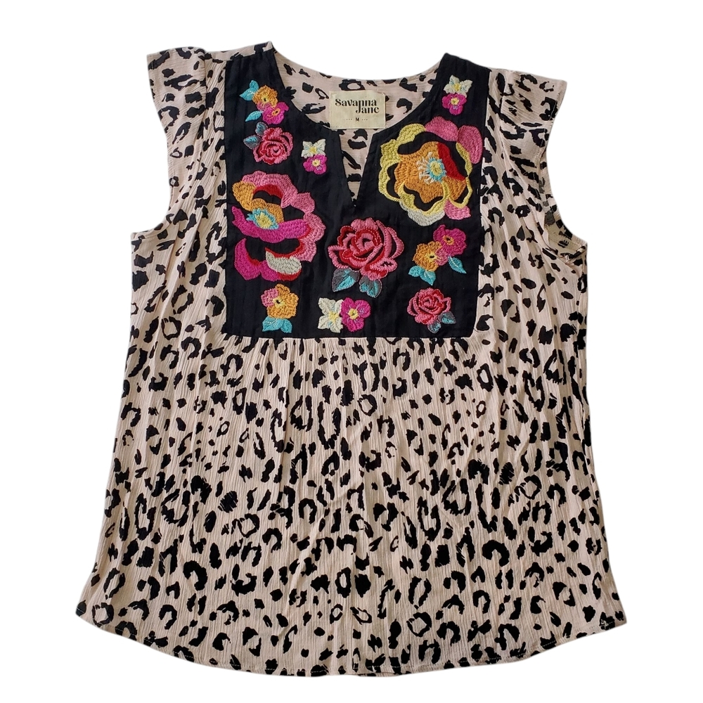 Anthropologie Savanna Jane Women's Blouse Leopard Print Floral Embroidery Size M